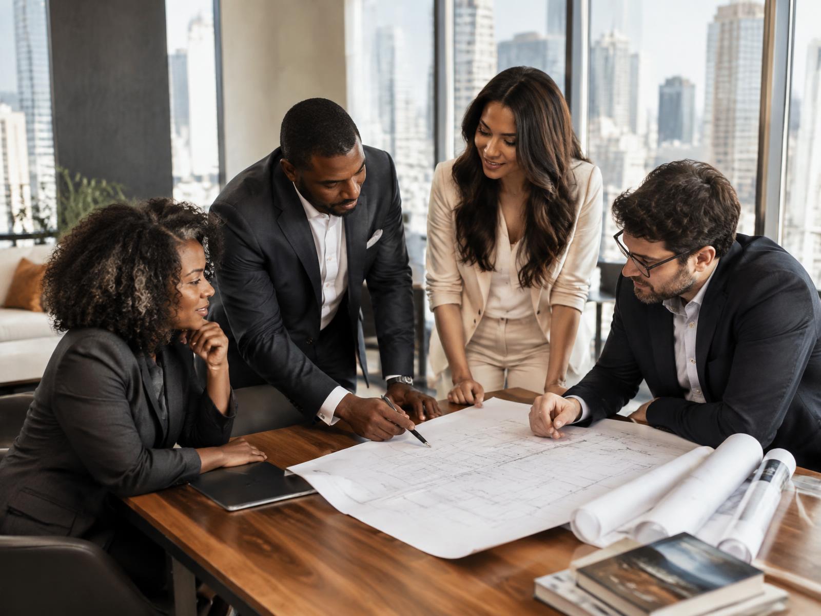 Nuri Realty advisors collaborating around architectural plans