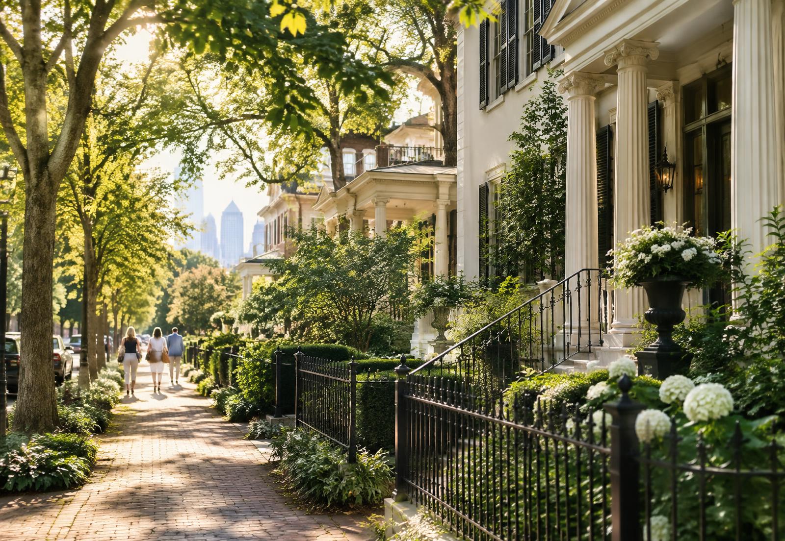 Tree-lined Atlanta neighborhood with historic homes and city skyline beyond