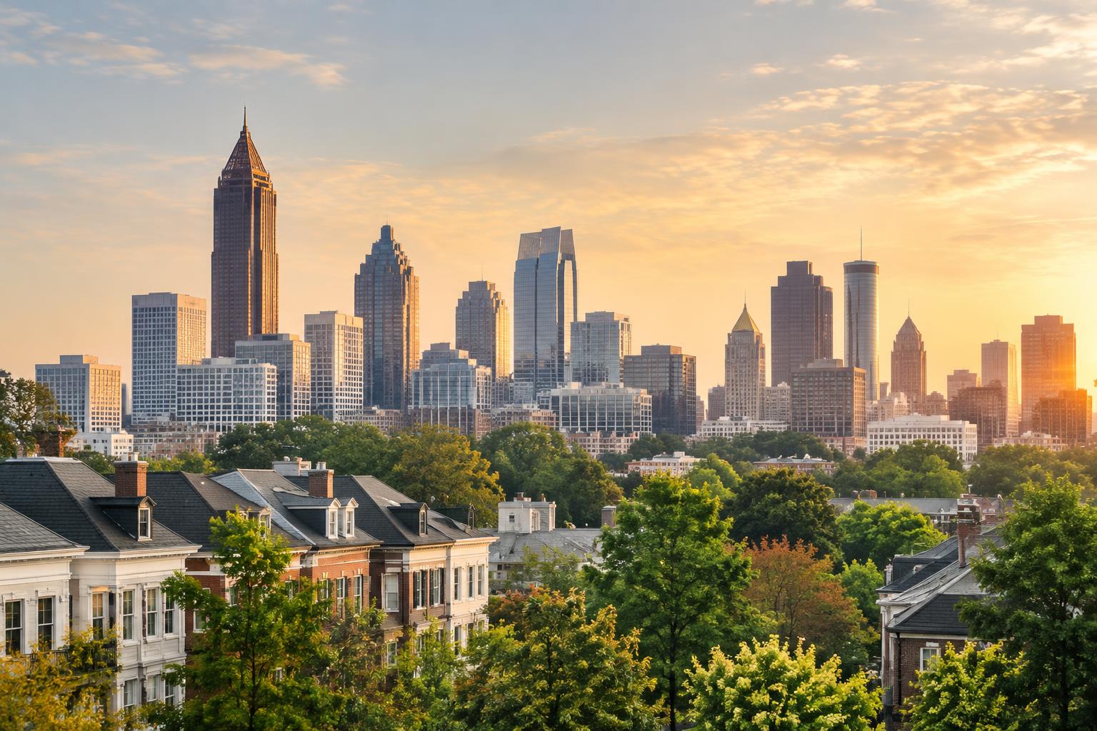 Atlanta skyline above leafy residential neighborhoods at golden hour