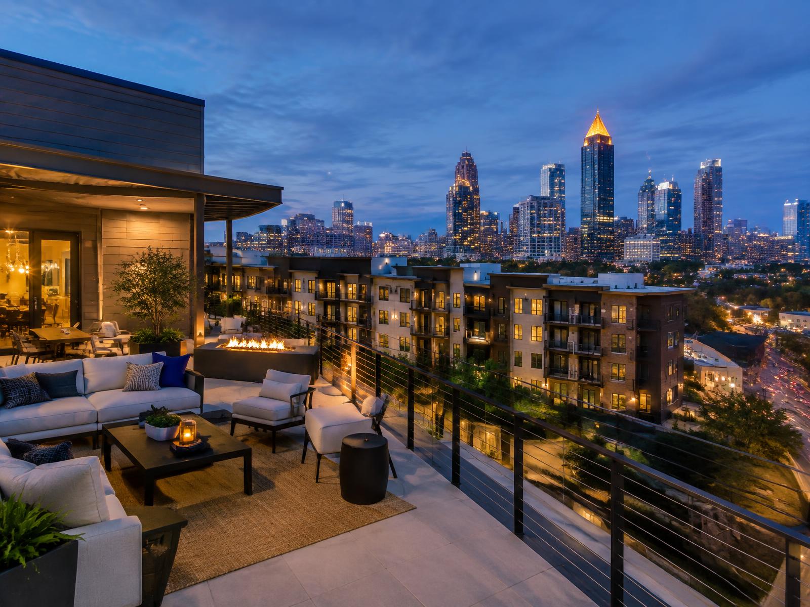 Atlanta skyline viewed from a modern residential terrace at dusk