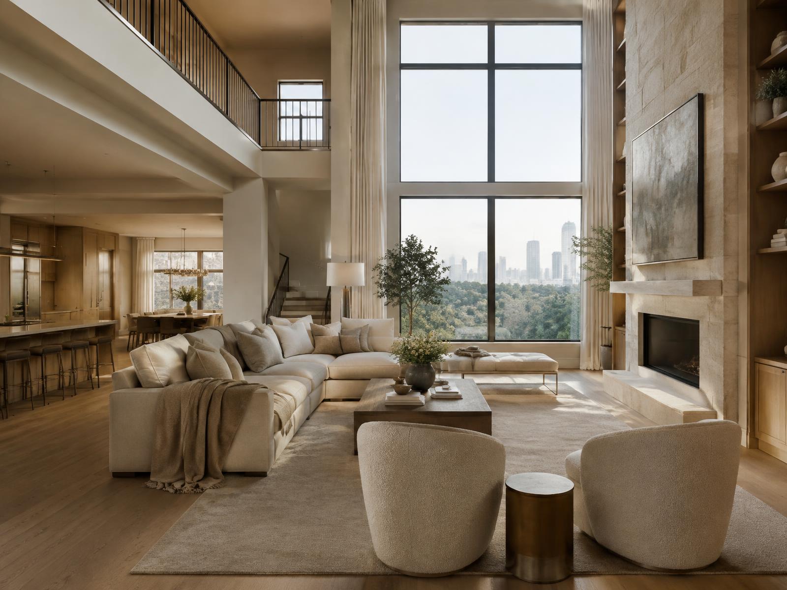 Warm, refined residential living room with expansive windows