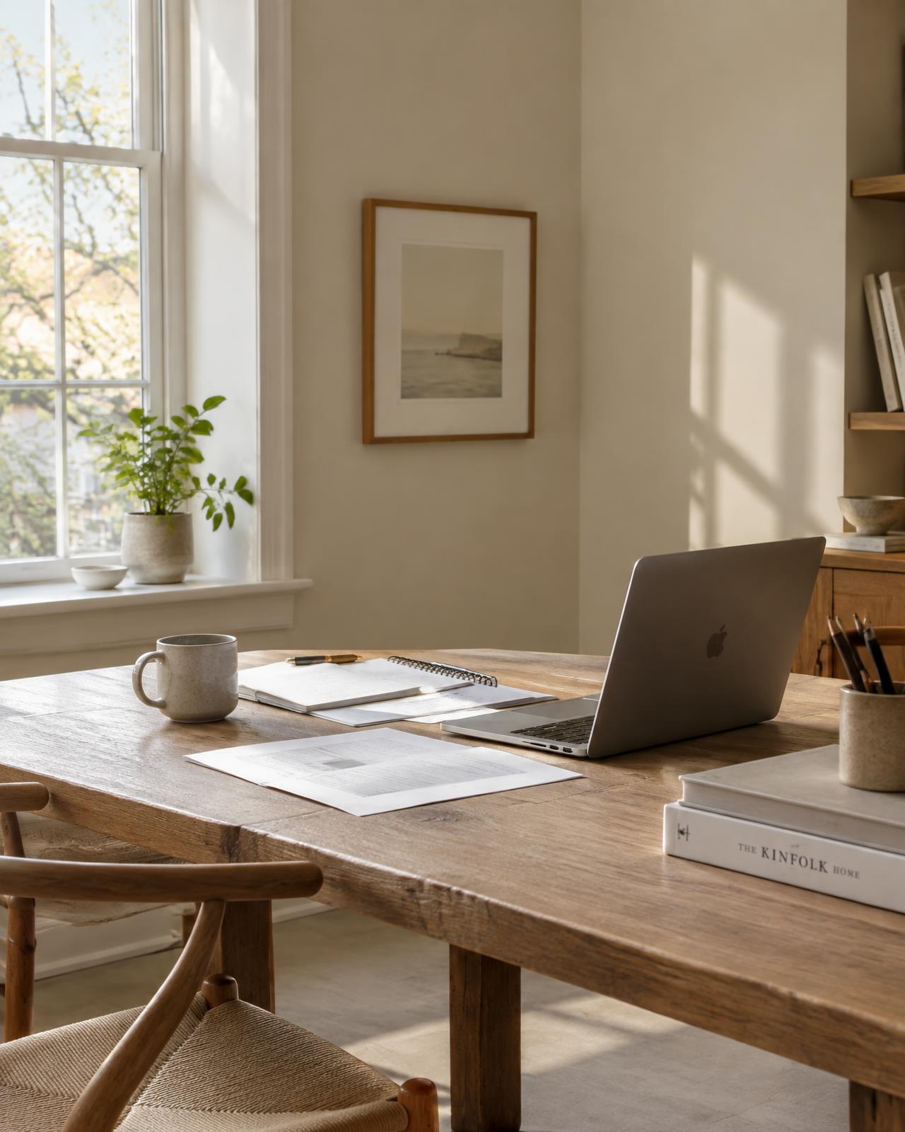 Desk with printed investment analysis and a laptop in daylight